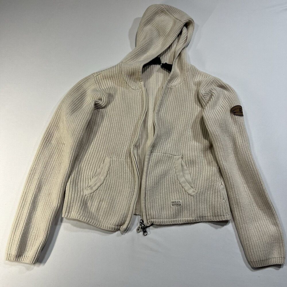 Vtg Harley Davidson Cream Ribbed Knit Zip Hoodie Womens XL Fitted Cropped Japan